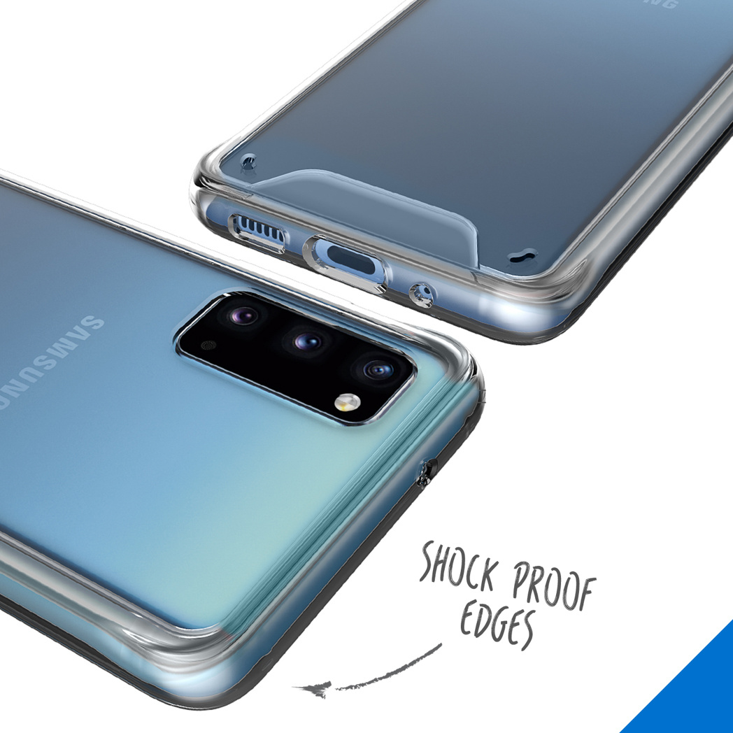 Deux coques de téléphone transparentes, l'une sur l'autre. Texte : "SHOCK PROOF EDGES".