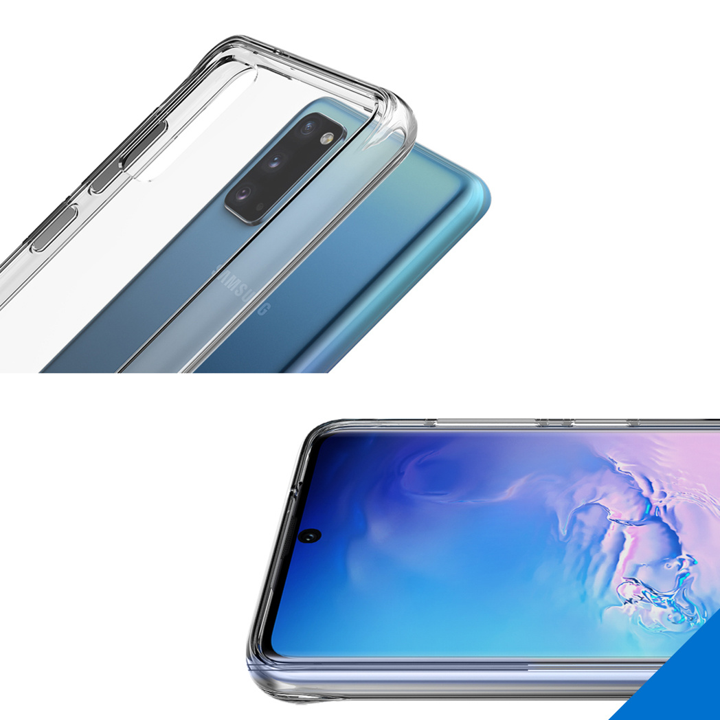 Coque de téléphone transparente sur un téléphone bleu. La coque a une découpe pour l'appareil photo.