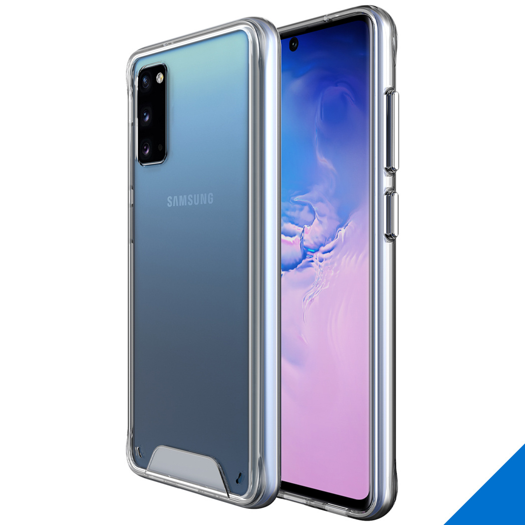 Coques de téléphone transparentes sur deux téléphones, un avec dos dégradé bleu, un avec dos blanc, vue latérale.