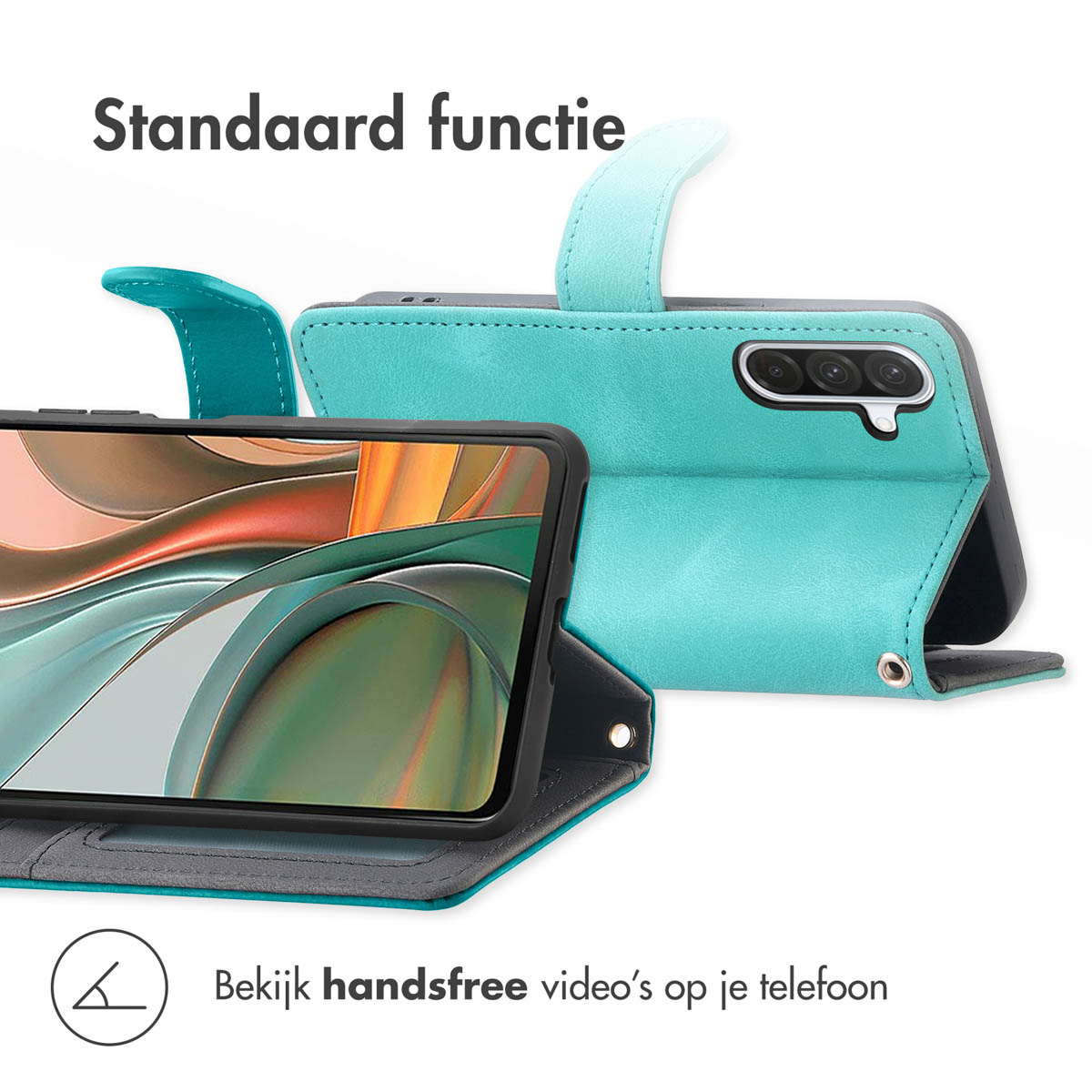 Coque de téléphone avec support. Le téléphone est sur l'écran. La couleur est sarcelle. Le texte dit 'Bekijk handsfree'.