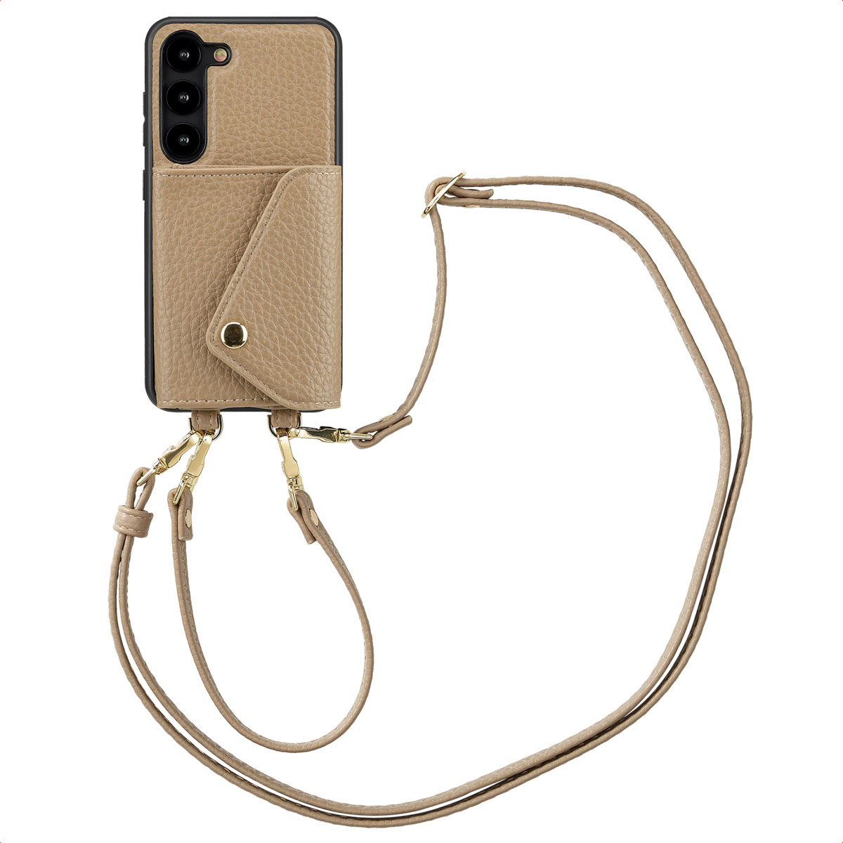 Tan telefoonhoesje met kaartzak en riem. De riem ligt op een wit oppervlak.