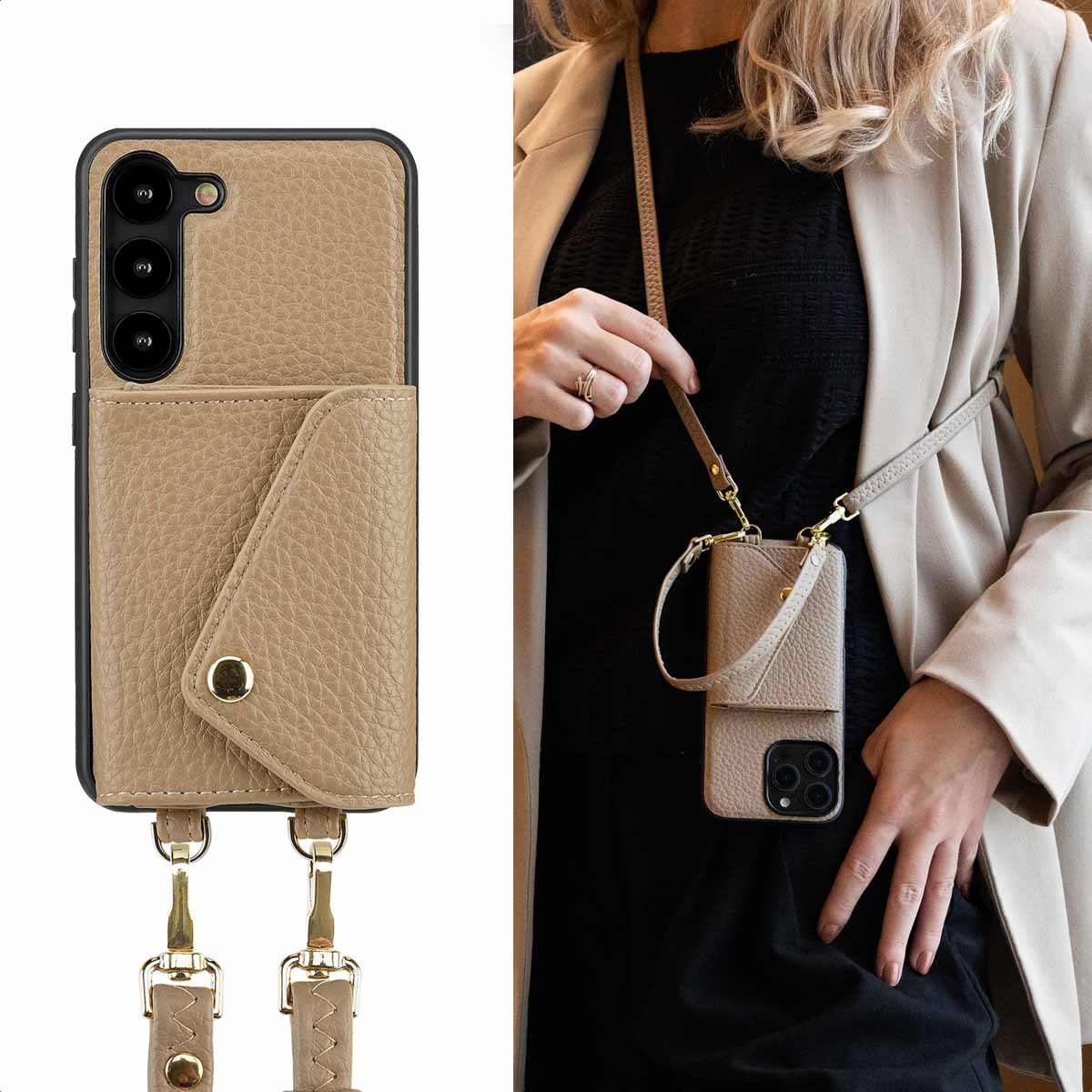 Een beige telefoonhoesje met een portemonnee eraan, en een vrouw die de telefoonhoes met een bandje vasthoudt.