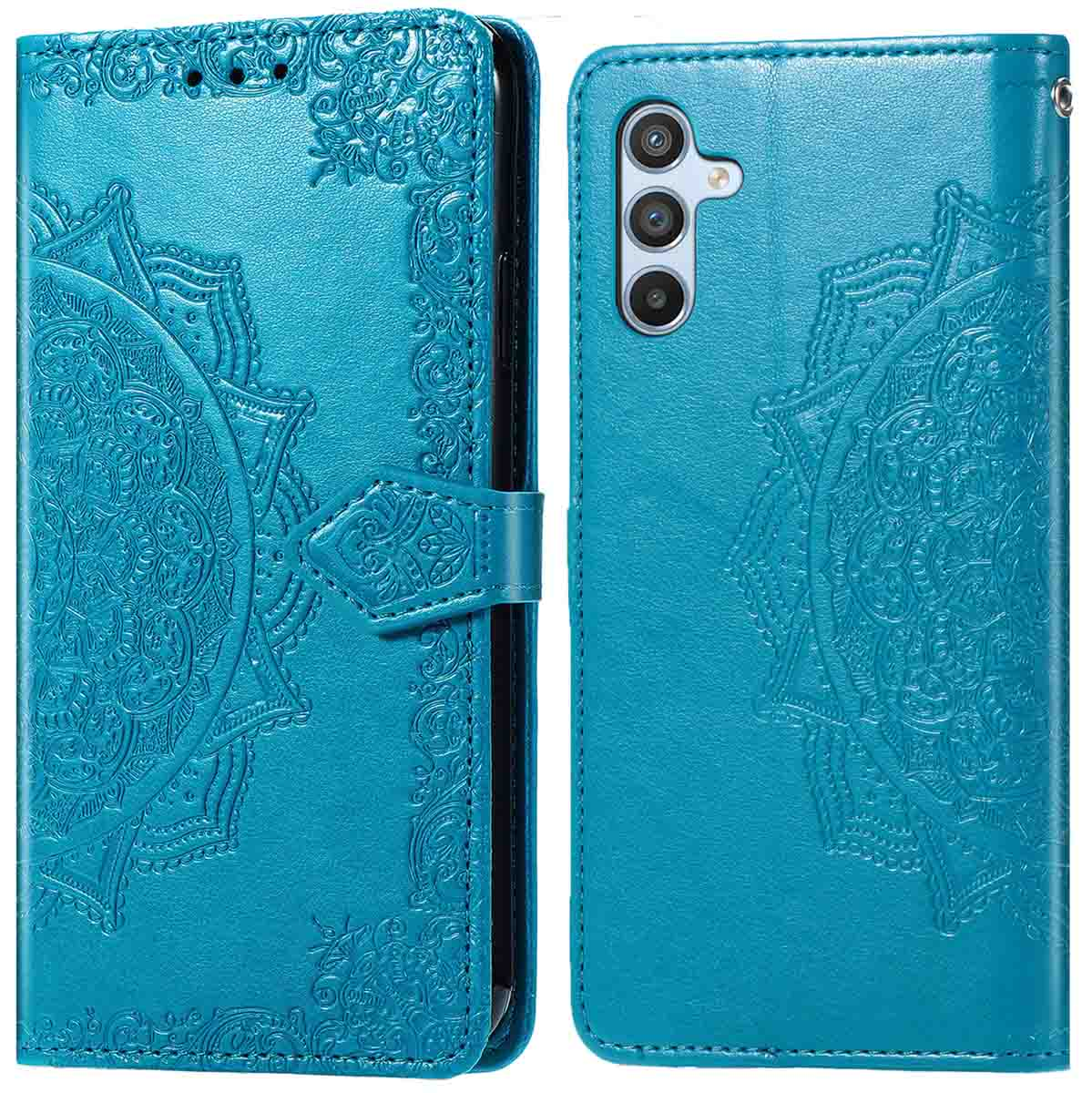 Coque bleue avec motif mandala, ouverte et fermée. Fermeture magnétique.