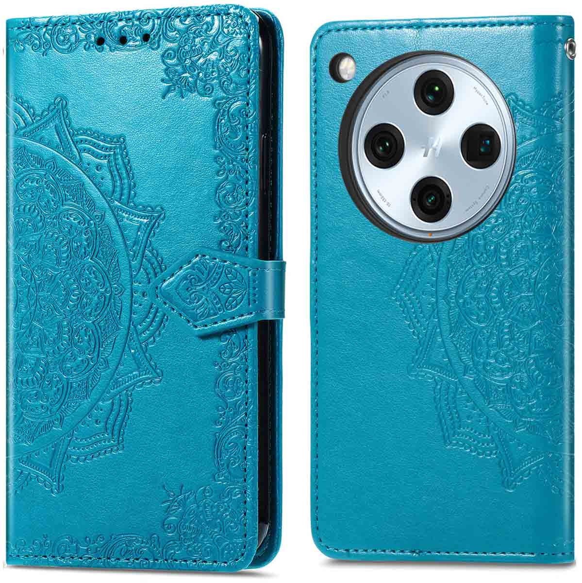 Blauwe telefoonhoes met bloemenpatroon aan beide zijden, met een knop.