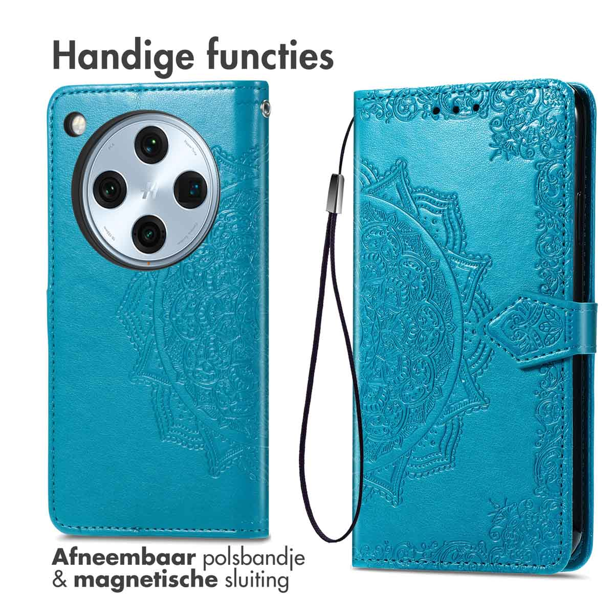 Turquoise leren telefoonhoes met mandala-ontwerp, afneembare polsband en magnetische sluiting.