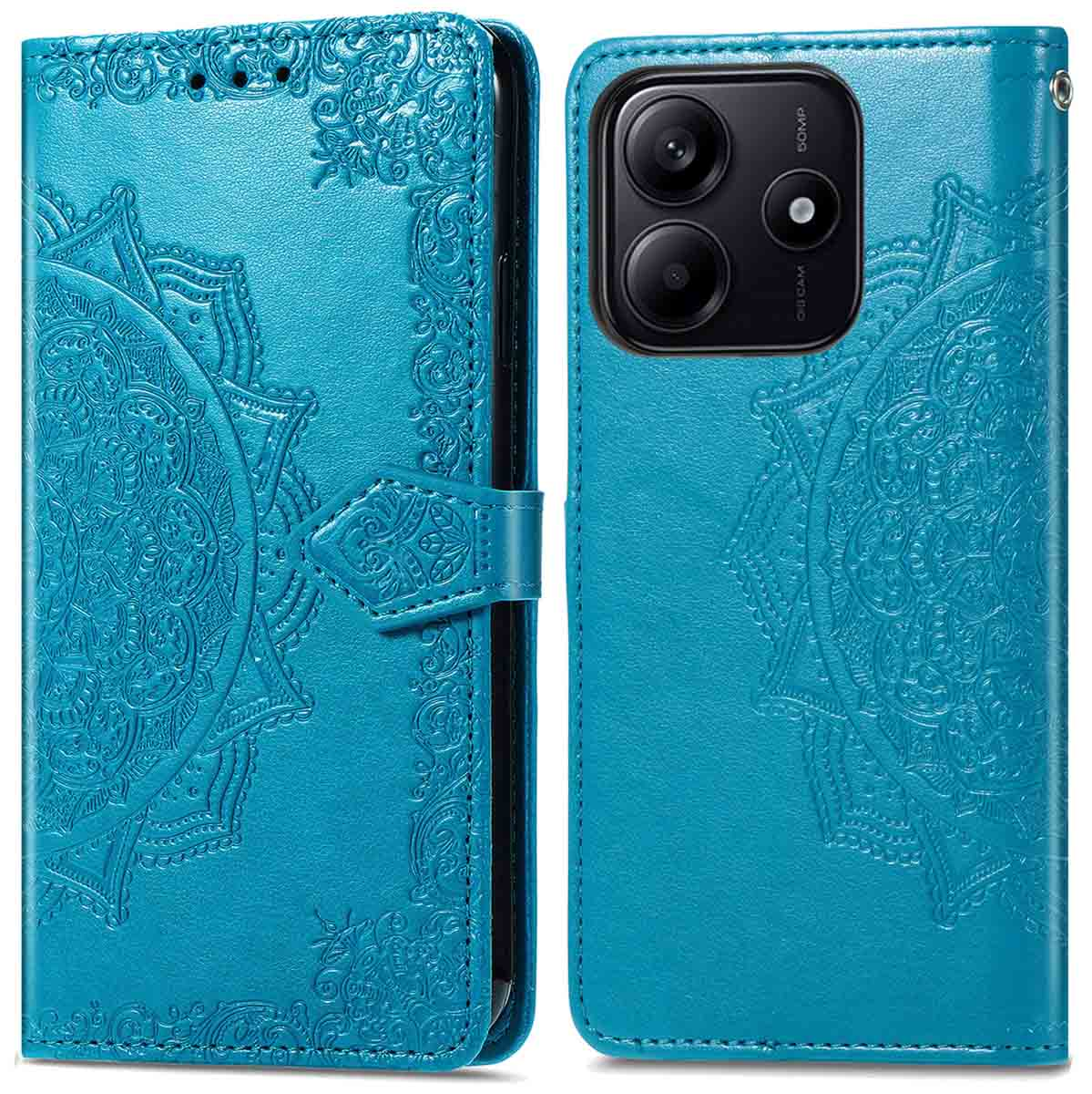 Een blauwe telefoonhoes met een mandala-patroon en een telefoon erin. Open boekstijl.