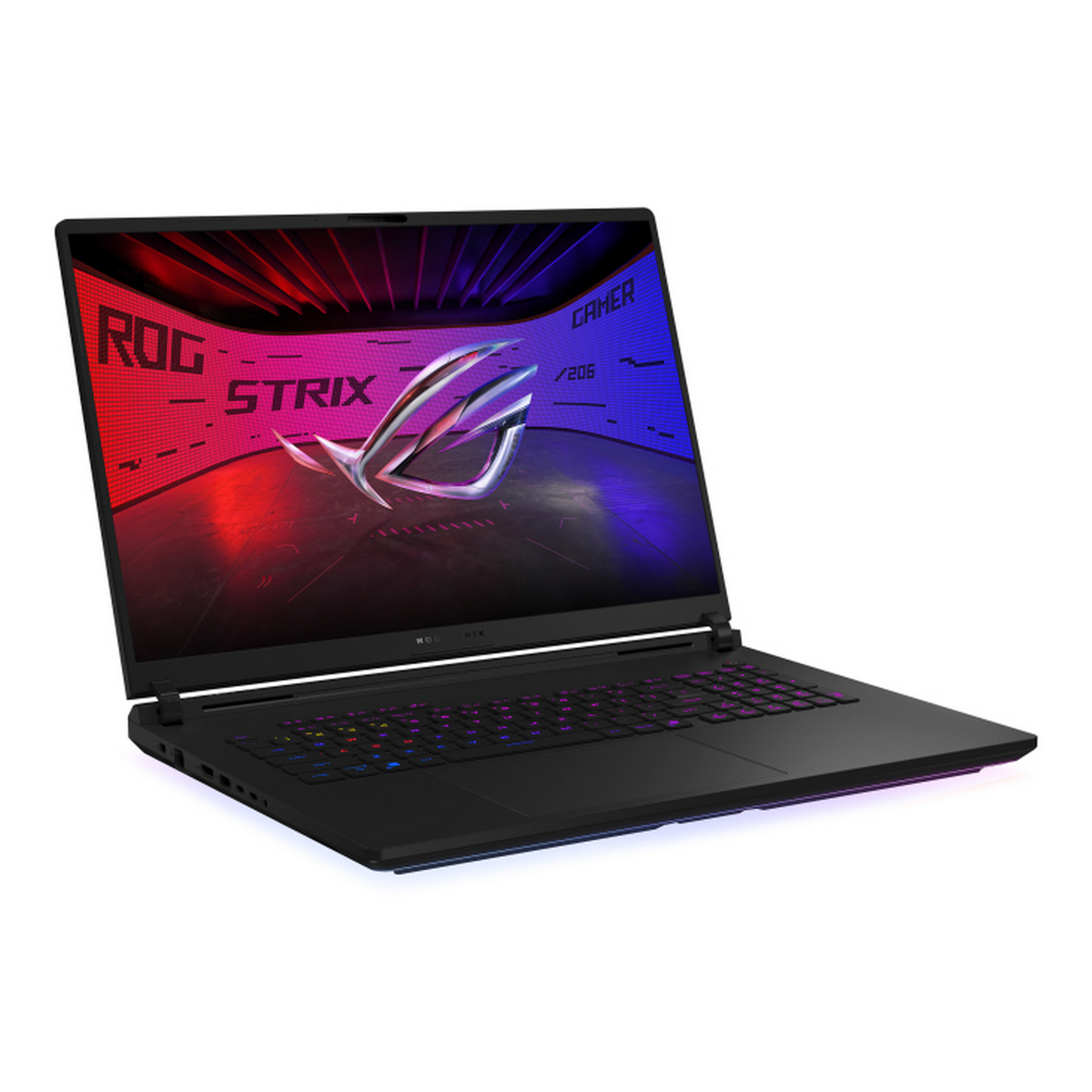 Czarny laptop z podświetlanym ekranem, logo ROG Strix, widoczną klawiaturą i białym tłem.