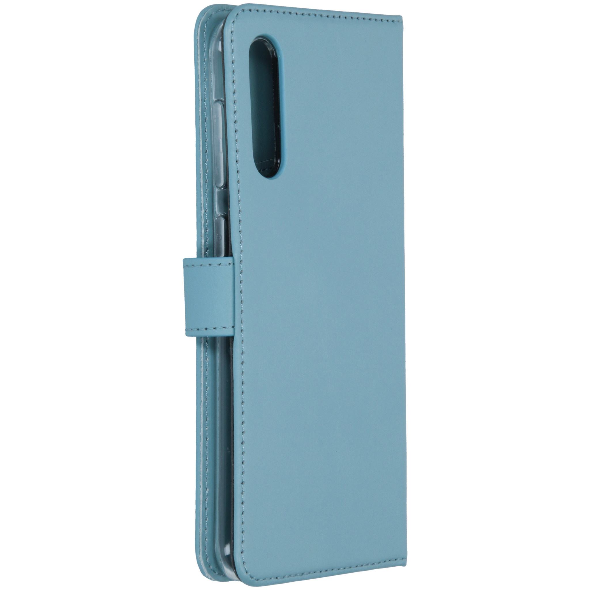 Hemelsblauwe telefoonhoes. Het heeft een zijopening met een magnetische sluiting.