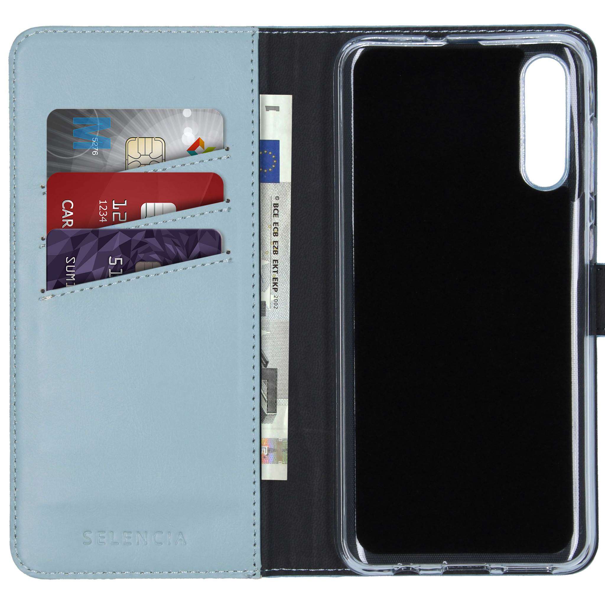 Telefoonhoesje met kaarten en geld.