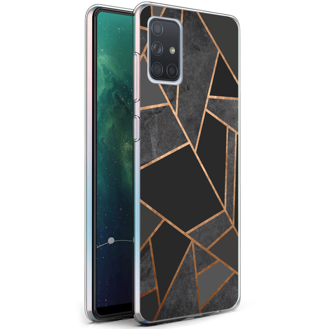 Coque transparente avec motif géométrique sur fond noir et gris.