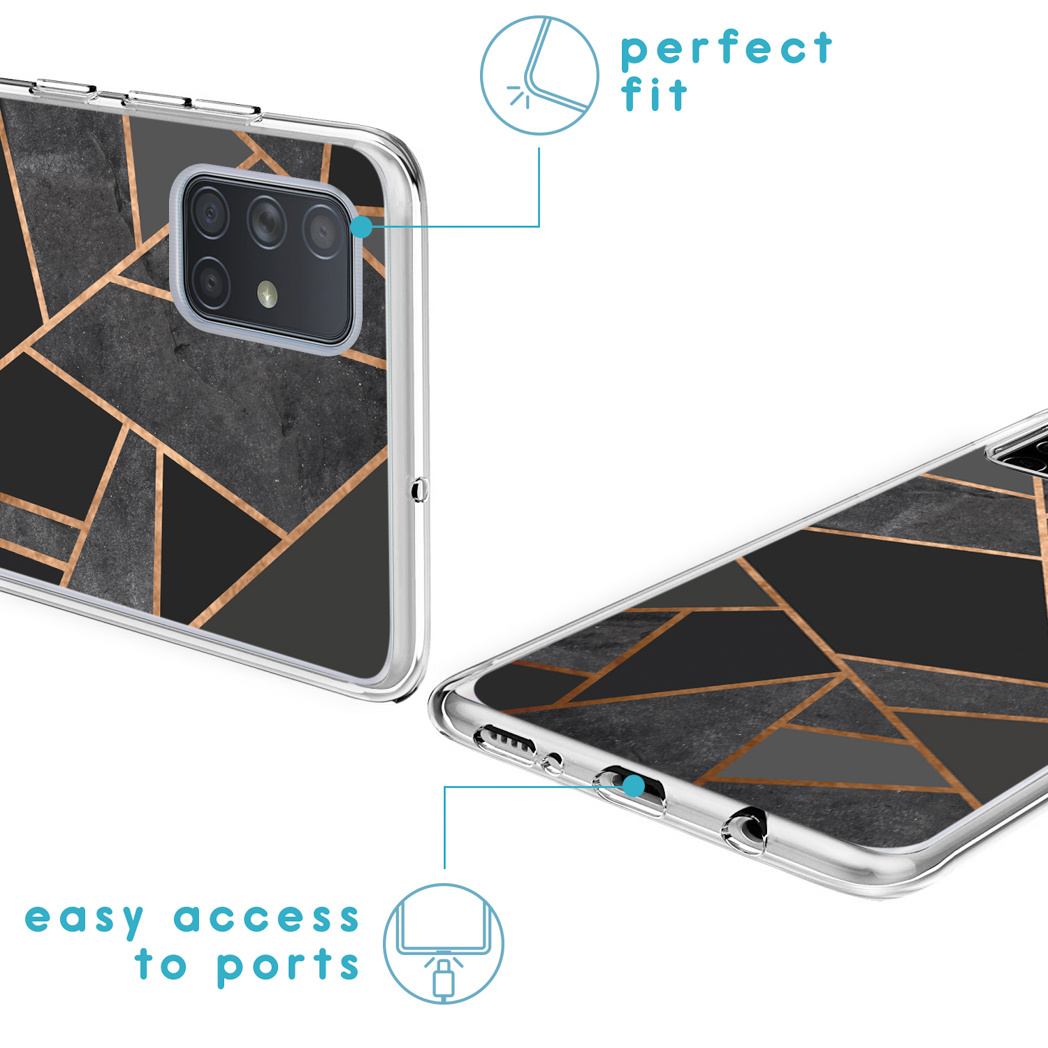 Téléphone dans un étui avec motif géométrique noir et doré. Accès facile aux ports, ajustement parfait.