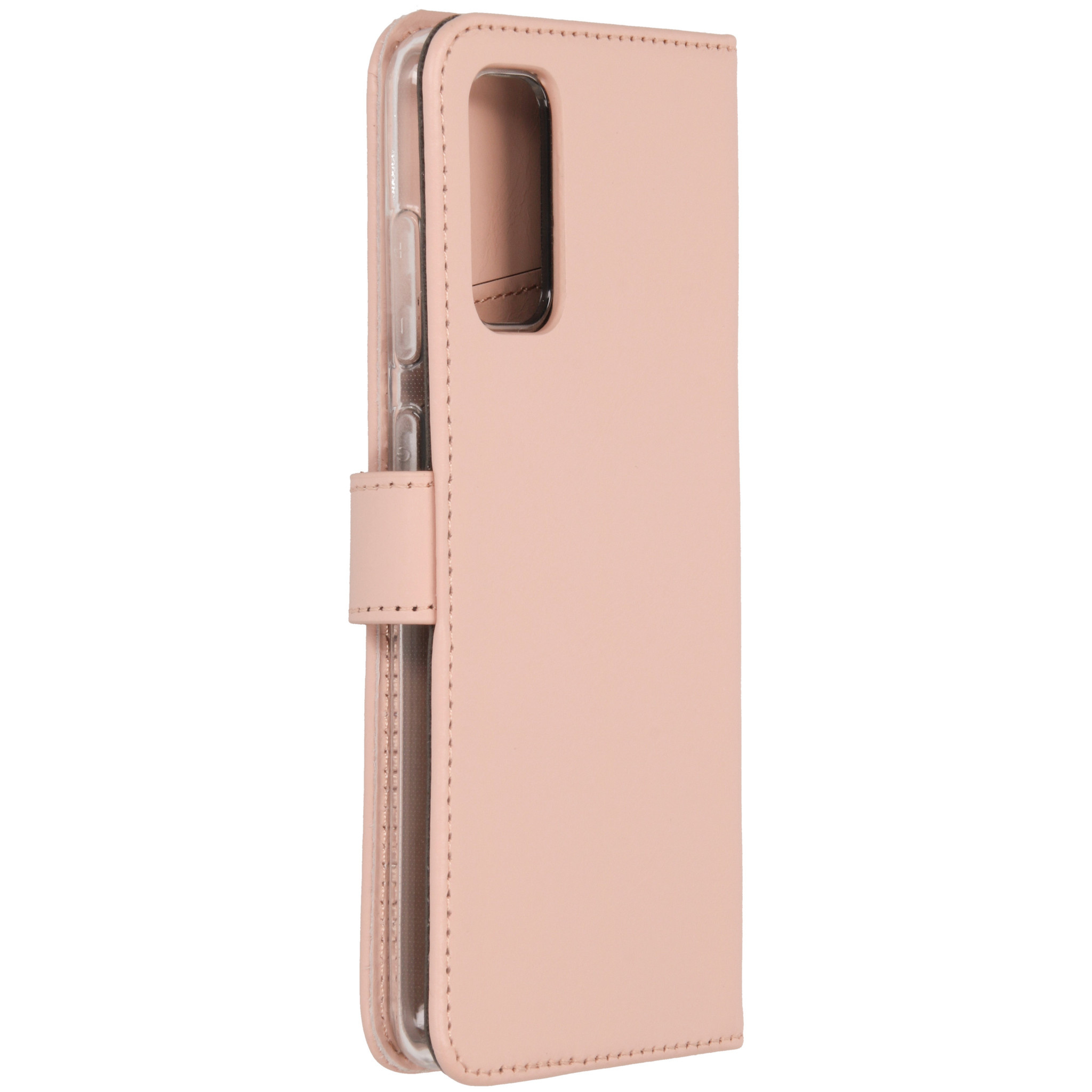 Roze telefoonhoes, leer, met telefoon erin. Klepsluiting.