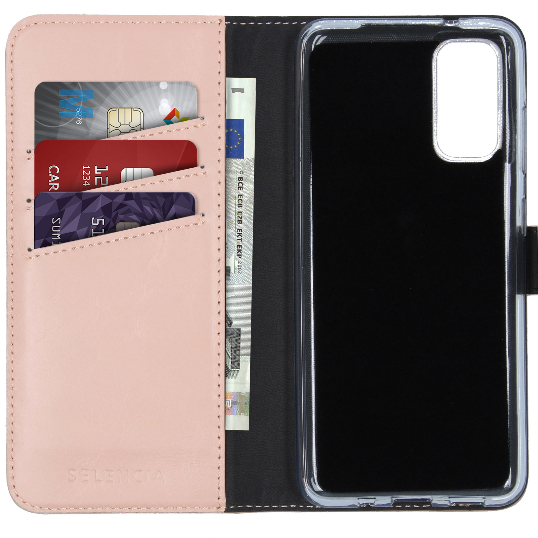 Open roze telefoonhoes. Binnenin zitten creditcards en geld. Een telefoon aan de rechterkant.
