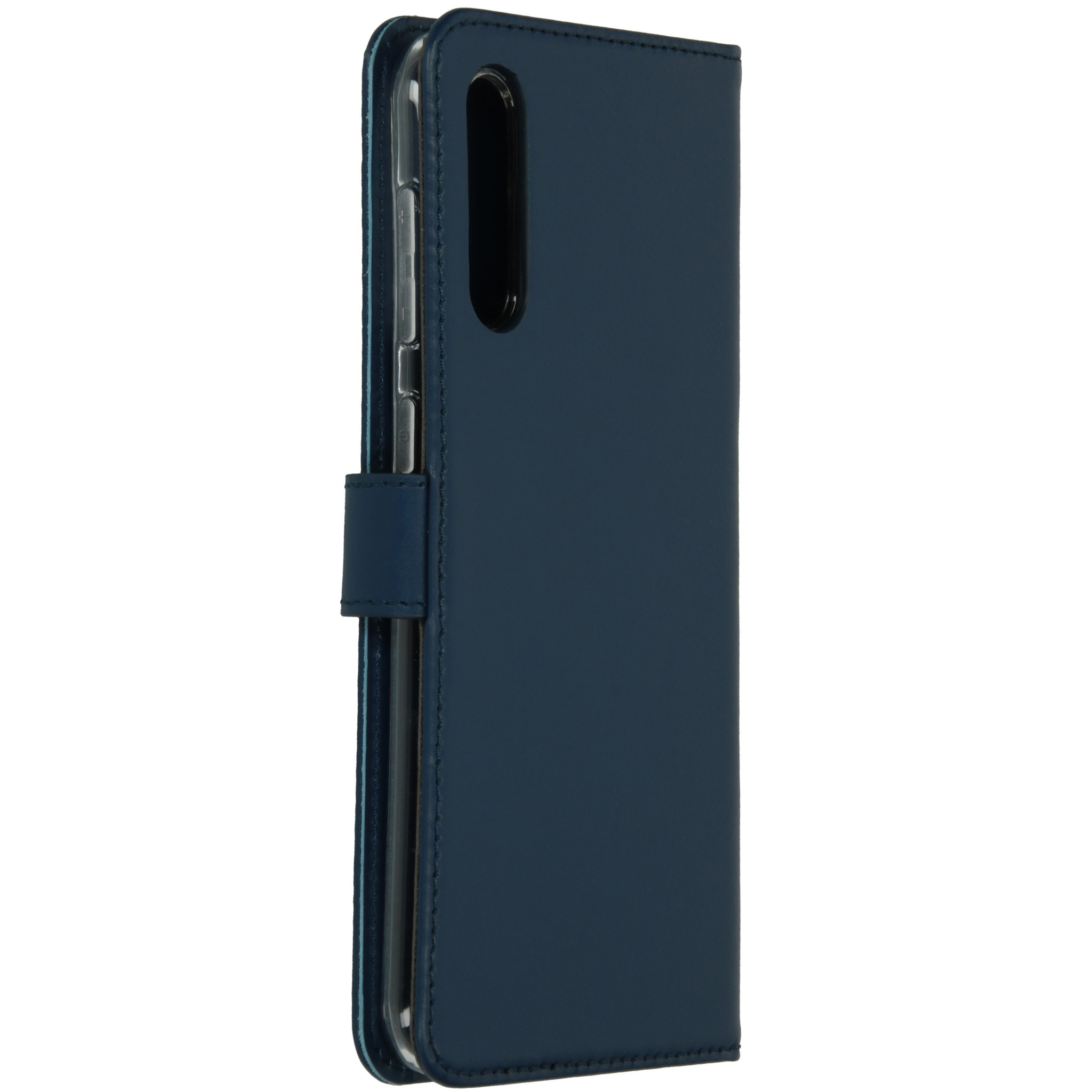 Donkerblauwe telefoonhoes, gesloten. De telefoon is aan de zijkant zichtbaar.