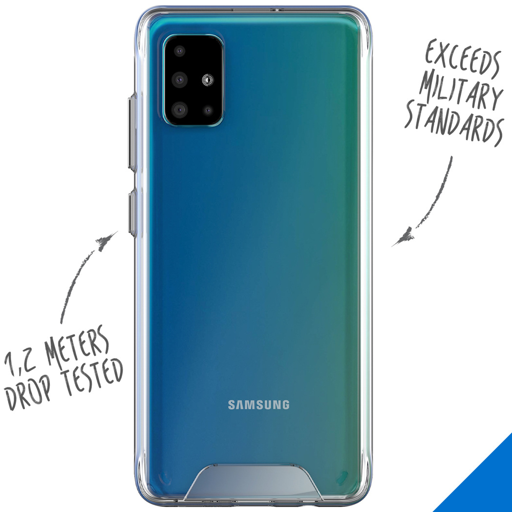 Transparante telefoonhoes met blauw-groene gradiënt achterkant, met de tekst "SAMSUNG".