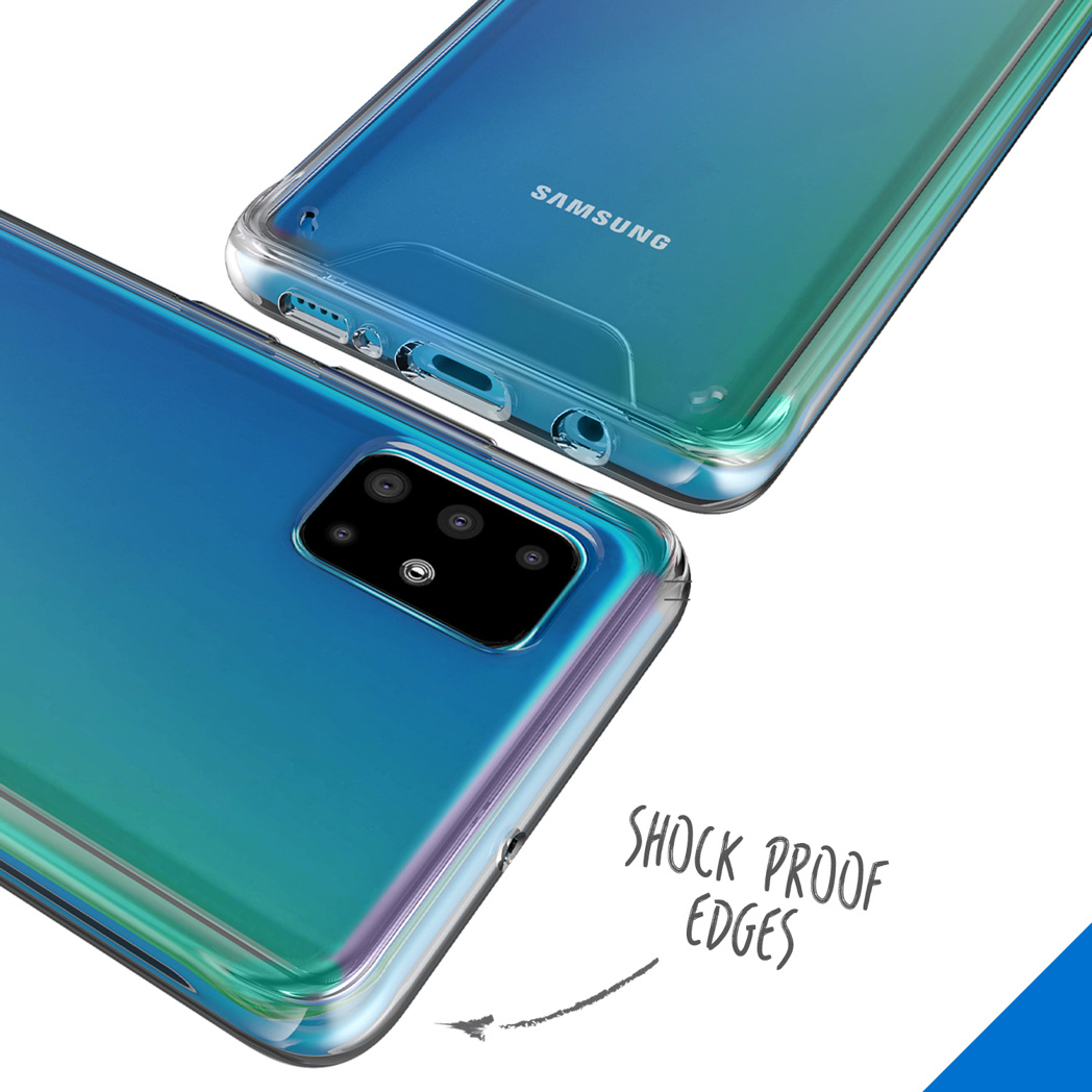 Twee telefoons met transparante hoesjes. De tekst 'schokbestendige randen' is zichtbaar.
