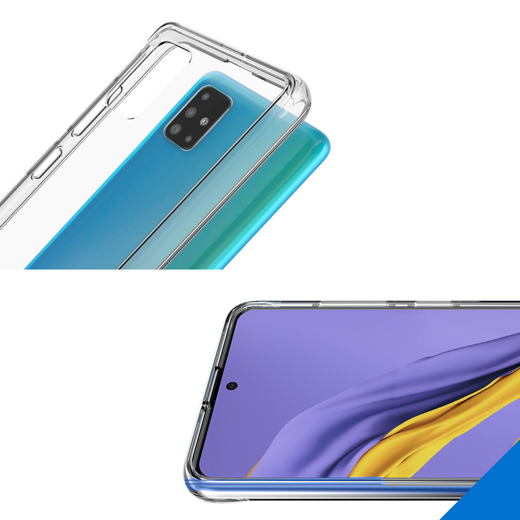 Twee telefoons in doorzichtige hoesjes. Eén telefoon heeft een blauwe achterkant, de andere een paars scherm.
