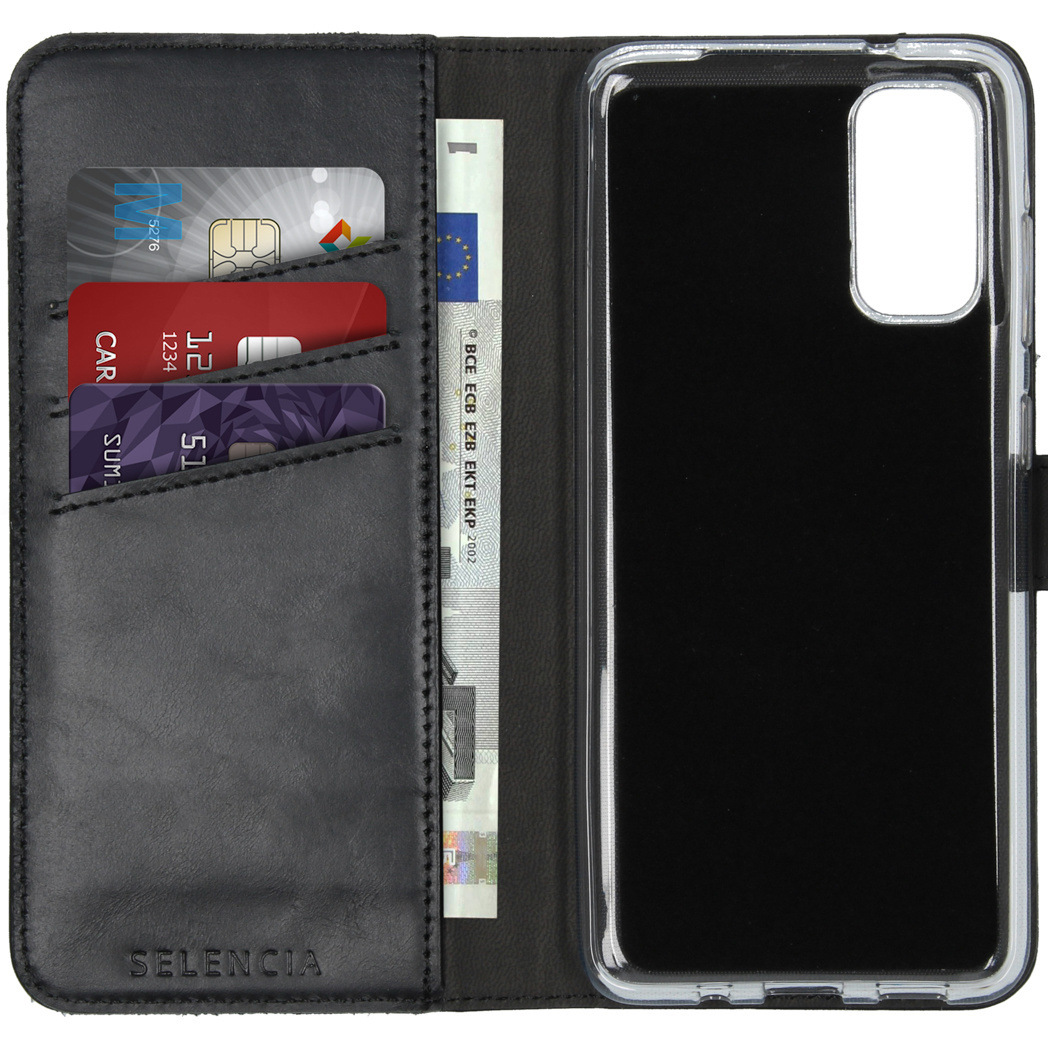 Étui de téléphone ouvert avec cartes, argent et un téléphone. Marque SELENCIA visible.