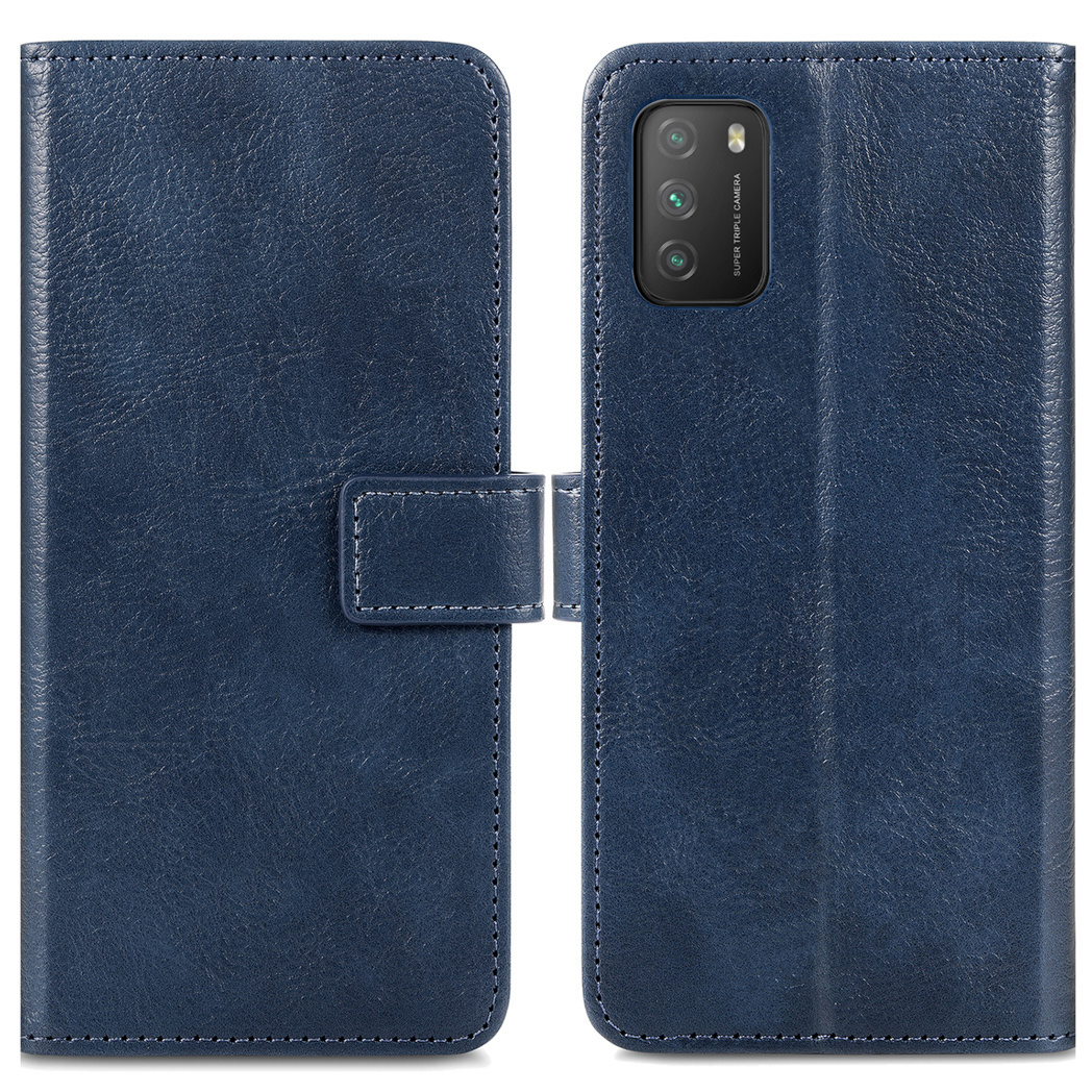 Blauwe leren telefoonhoes open. Toont de telefoon en een sluiting.