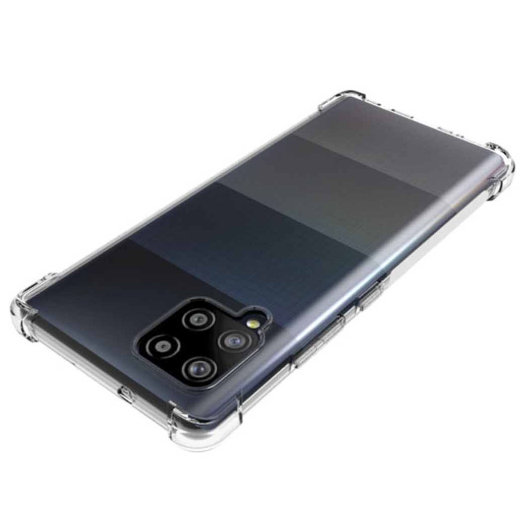 Telefoonhoesje met een telefoon erin. De hoes is transparant, de telefoon is zwart.