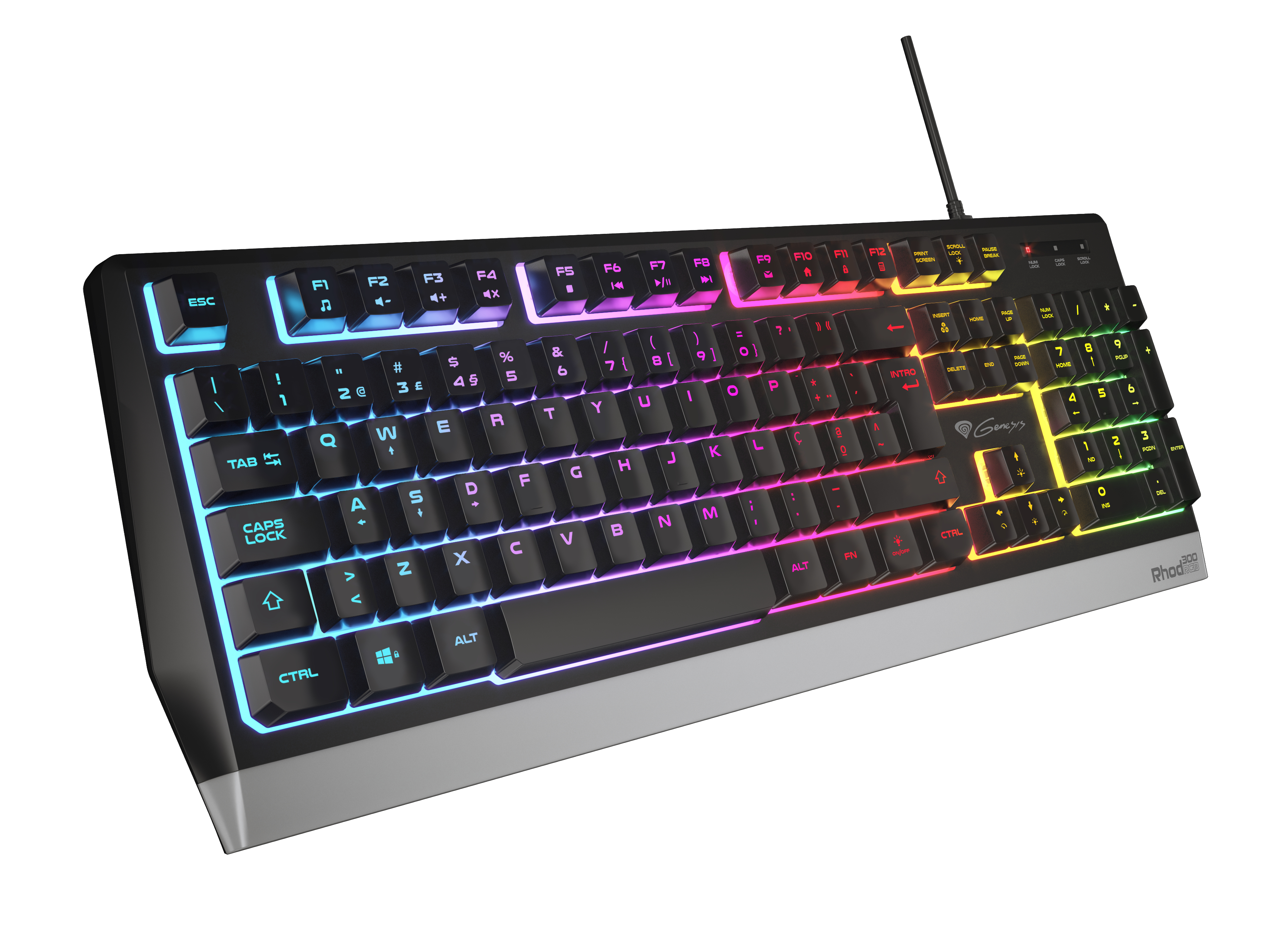 Teclado gaming negro y plateado con teclas retroiluminadas. La marca es Genesis. El teclado está inclinado.