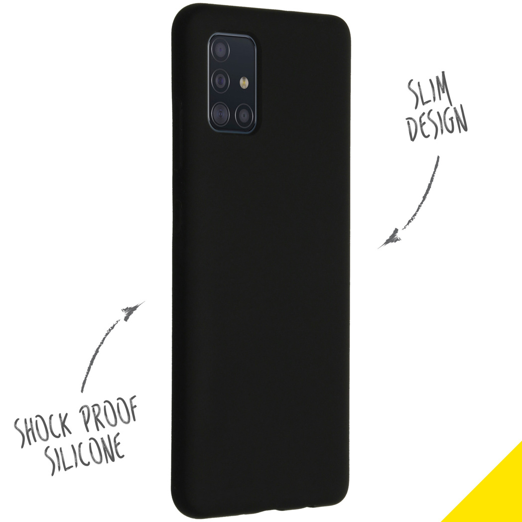 Custodia per telefono nera con un telefono nero all'interno. Ha le parole “Shock Proof Silicone” e “Slim Design” sul lato.