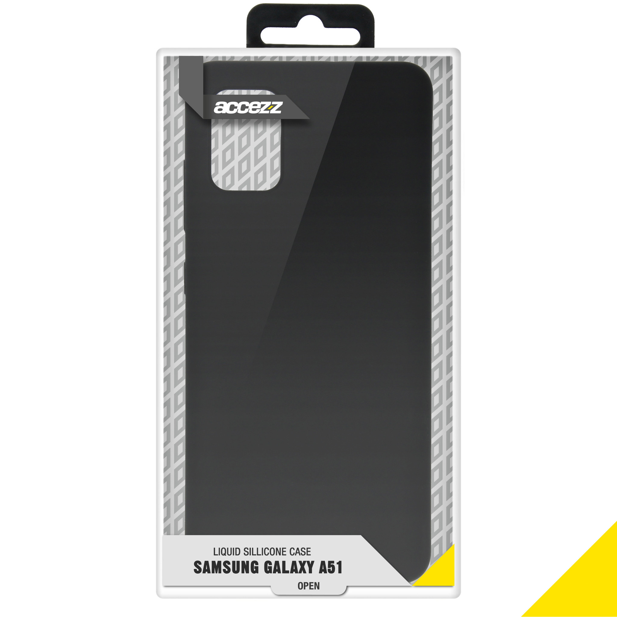 Una custodia per telefono nera nella confezione. Il testo sulla confezione recita “SAMSUNG GALAXY A51”.