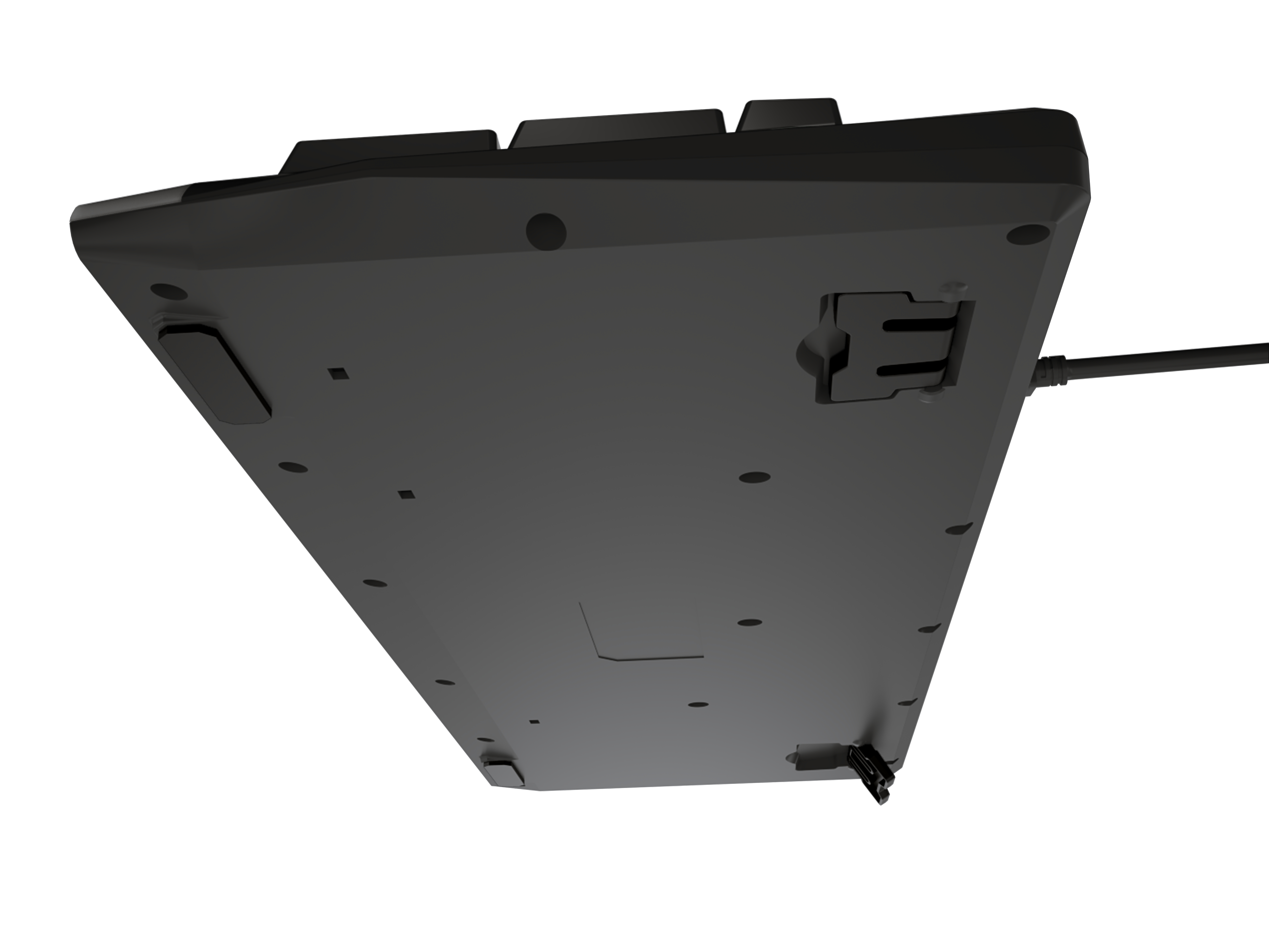 Spód czarnej klawiatury. Ma gumowe nóżki i kabel.