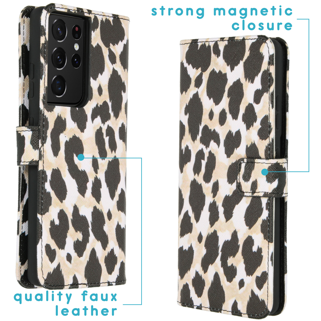 Telefoonhoesje met een zwart-wit gestipt patroon. Tekst: kwaliteit imitatieleer, sterke magnetische sluiting.