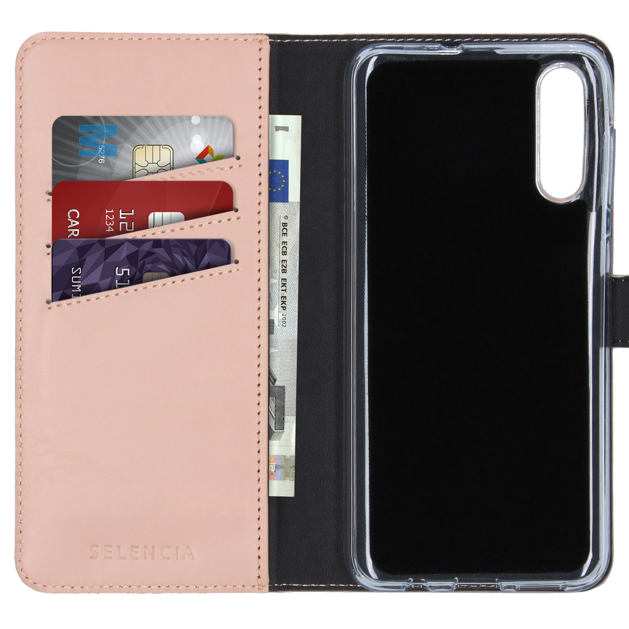 Roze telefoonhoes met kaartsleuven, geld en een telefoon met een donker scherm.