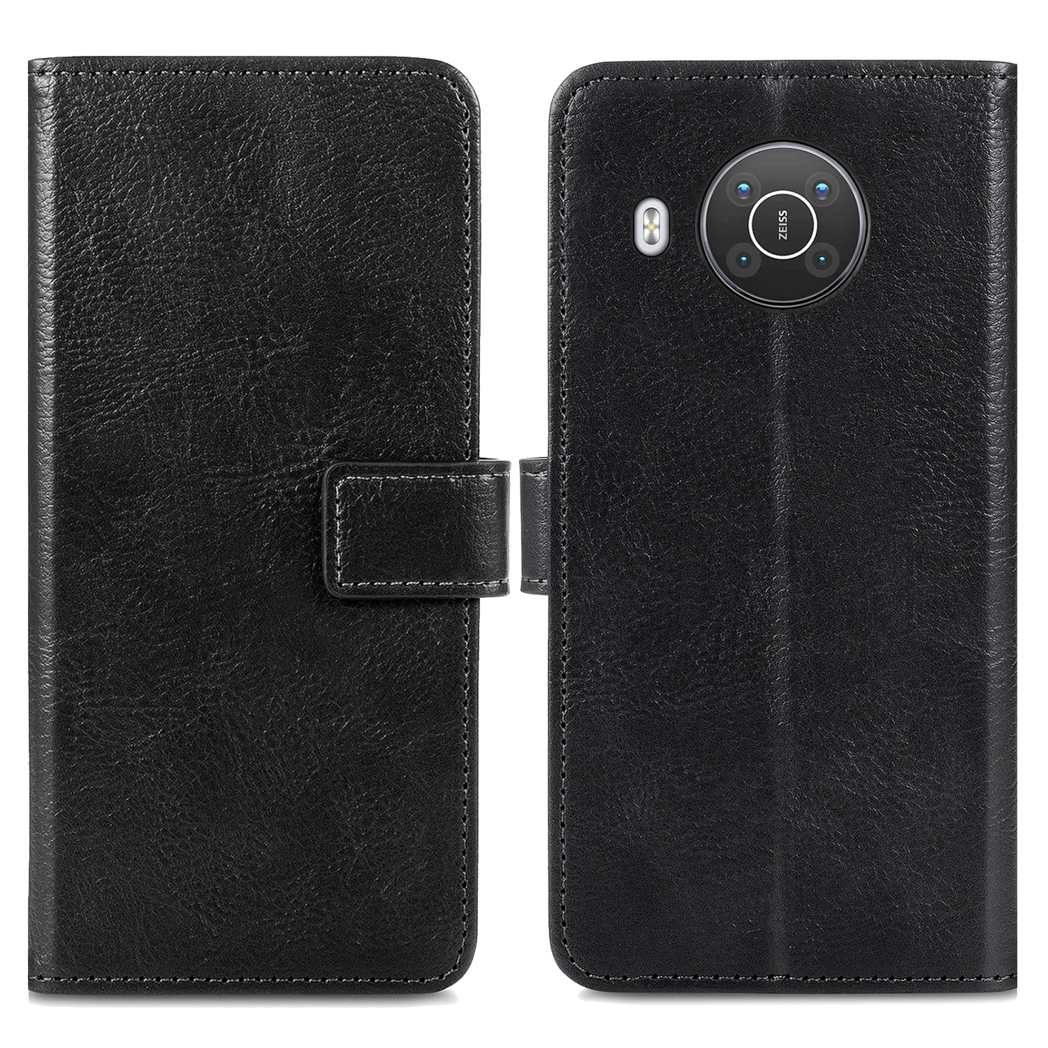Étui de téléphone en cuir noir, ouvert, avec fermeture à pression.