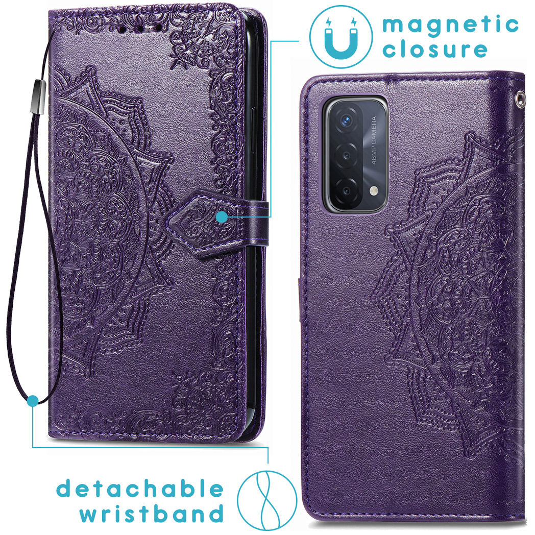 Custodia per telefono viola con design e cinturino da polso staccabile. Chiusura magnetica.