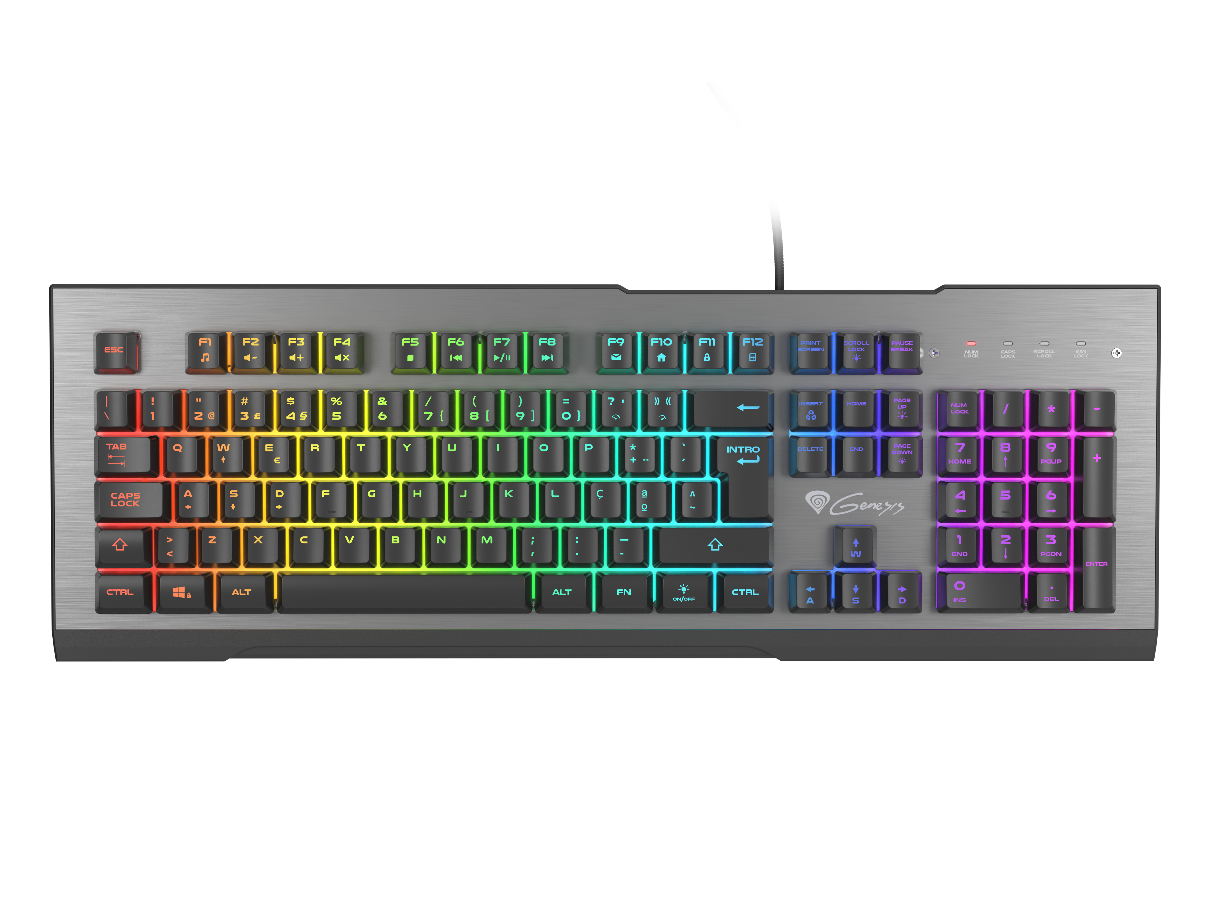 Srebrno-czarna klawiatura Genesis z wielokolorowymi klawiszami na białym tle.