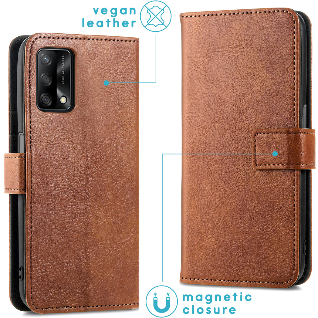 Bruine vegan leren telefoonhoes, open. De labels tonen vegan leer en magnetische sluiting.