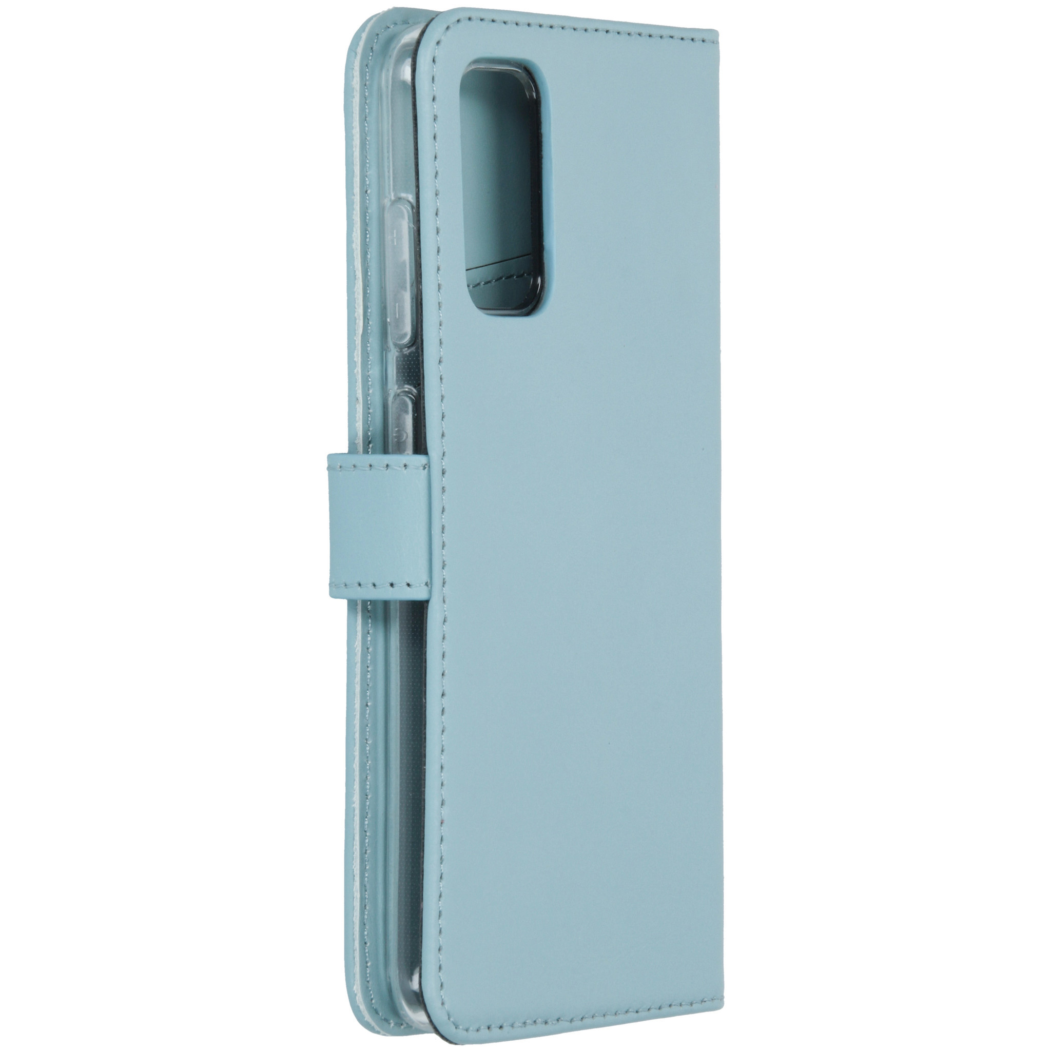 Een lichtblauw telefoonhoesje. De hoes is gesloten en toont het zijprofiel.