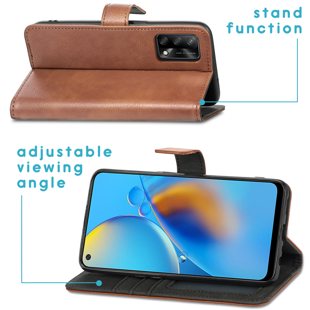 Bruine telefoonhoes open. De telefoon staat in een standpositie en maakt een verstelbare kijkhoek mogelijk.