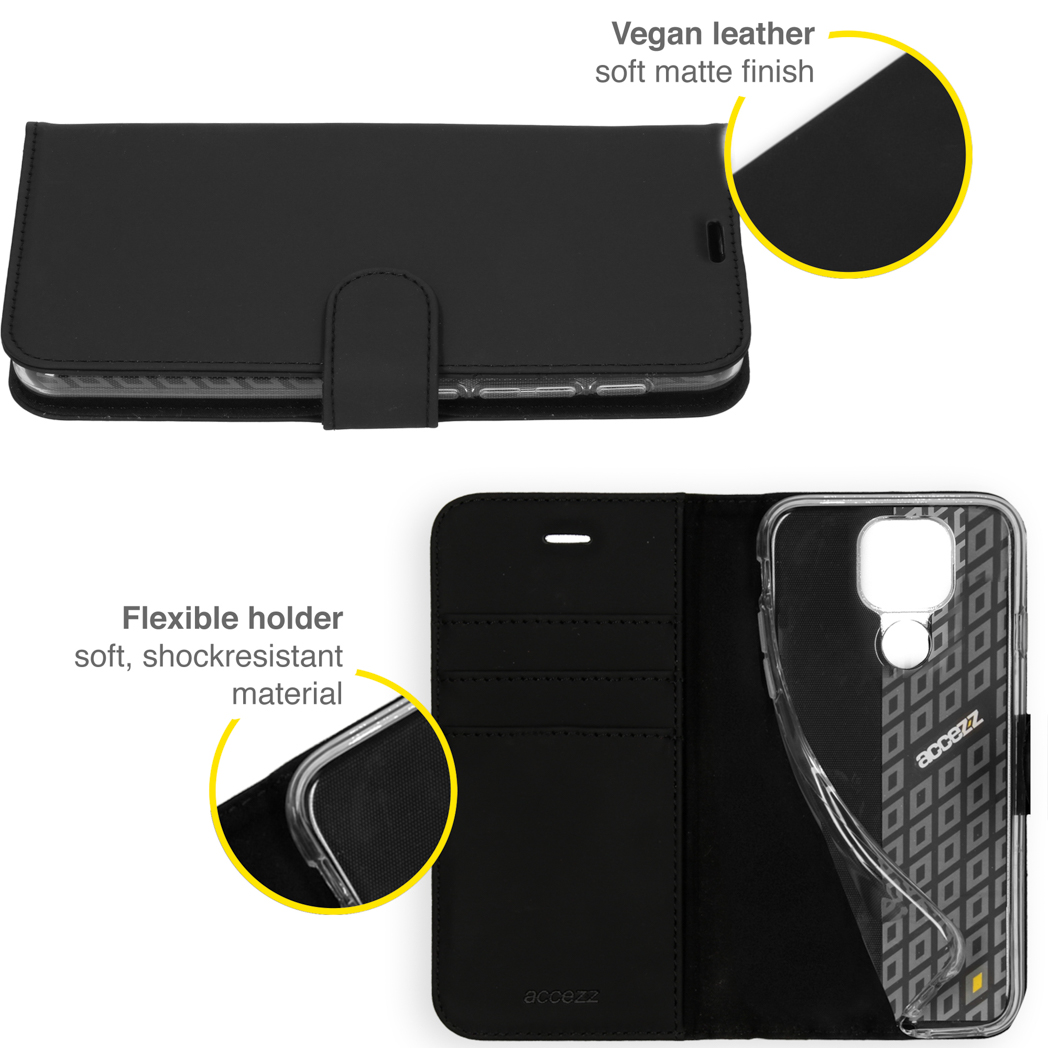 Étui de téléphone ouvert. Montre l'étui souple et le couvercle du téléphone. Texte sur le matériau.