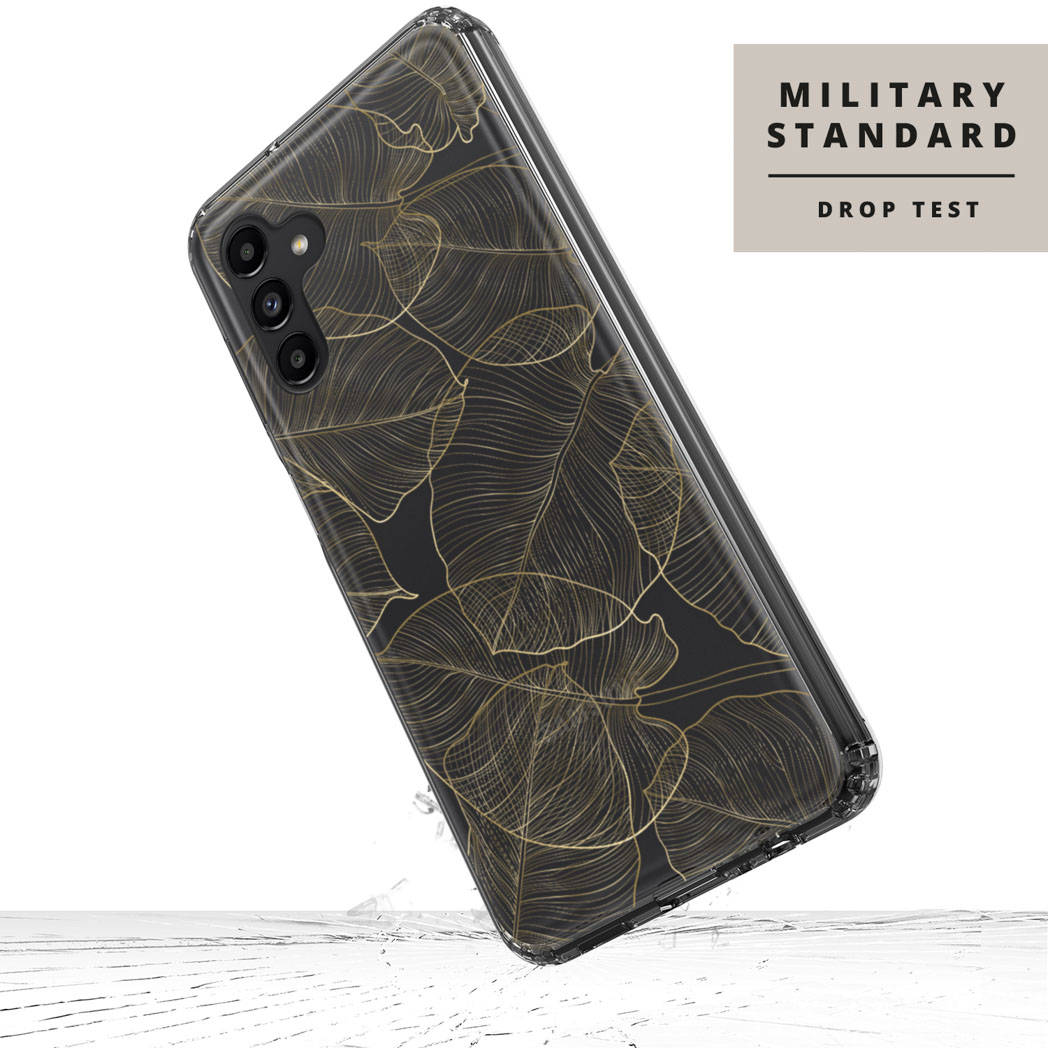 Telefoonhoesje met gouden bladontwerp op zwarte achtergrond. Val getest en militair standaard.
