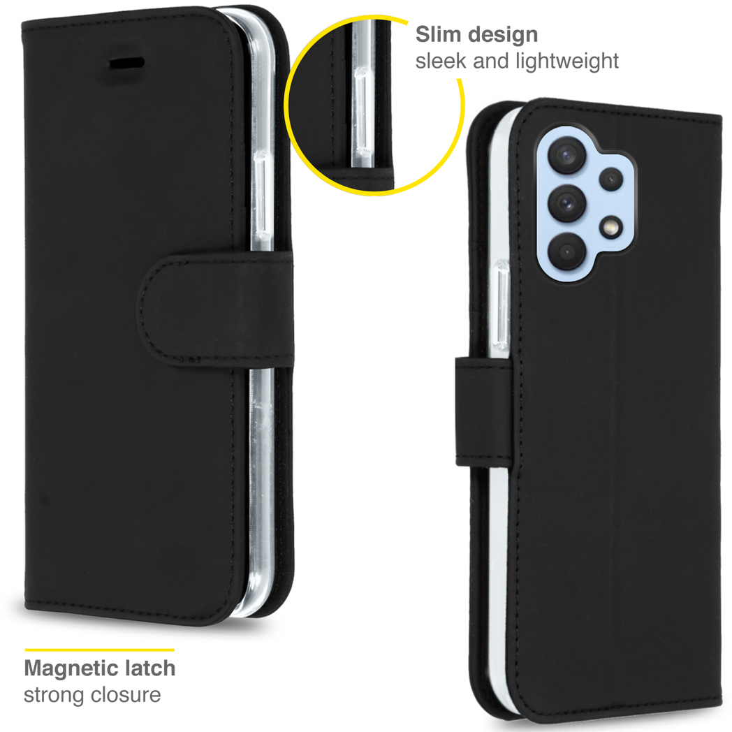 Custodia nera per telefono con chiusura magnetica aperta e chiusa. Mostra i dettagli del telefono e della custodia.