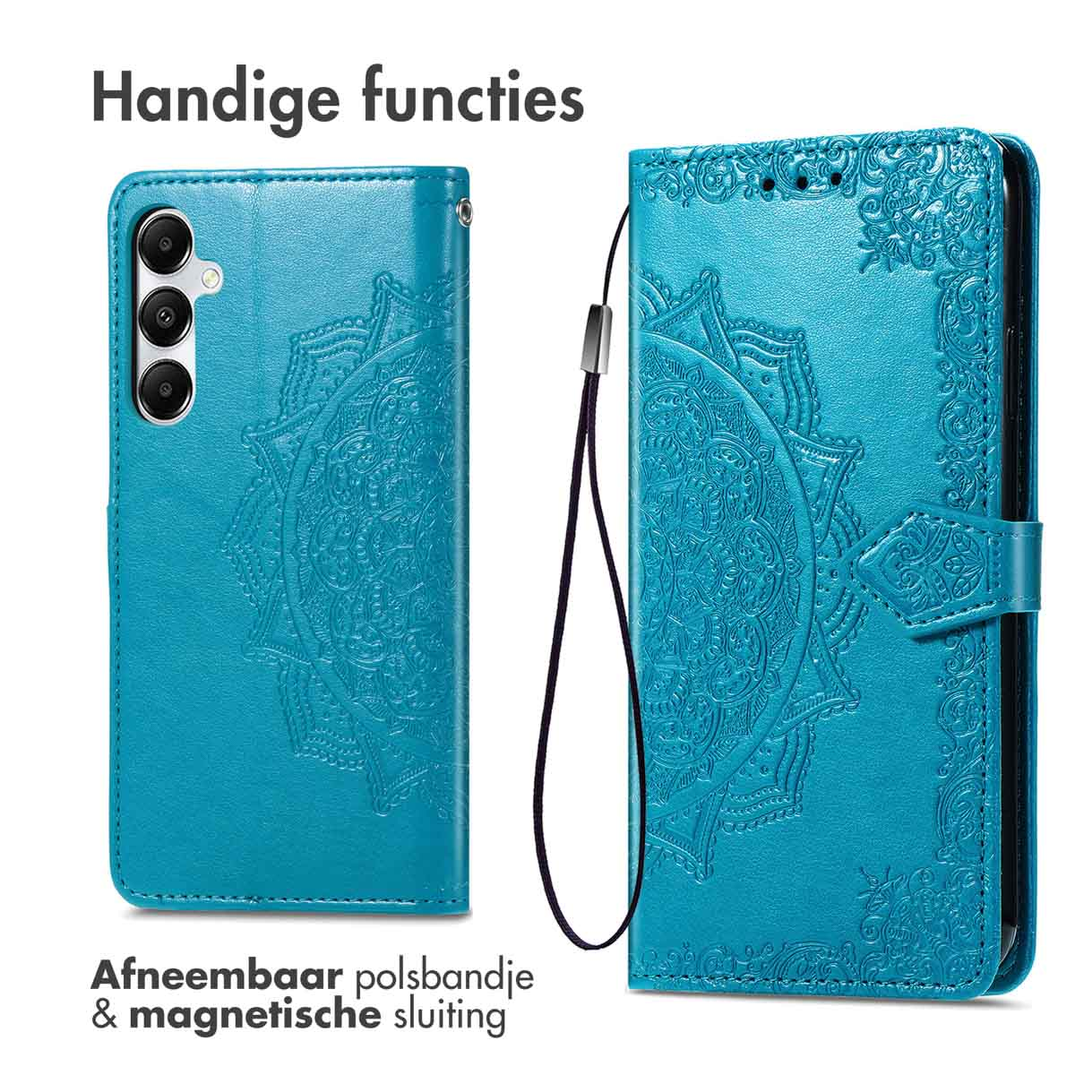 Blauwe telefoonhoes open en dicht. Het ontwerp heeft een bloemenpatroon en een afneembare polsband.