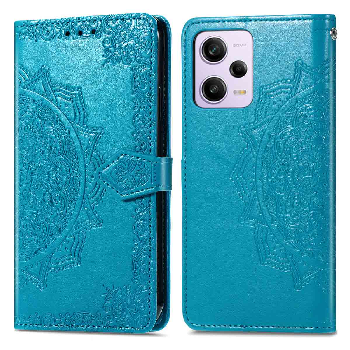 Étui de téléphone bleu sarcelle ouvert avec motif mandala, montrant le téléphone avec caméra. Étui fermé à gauche avec une sangle.