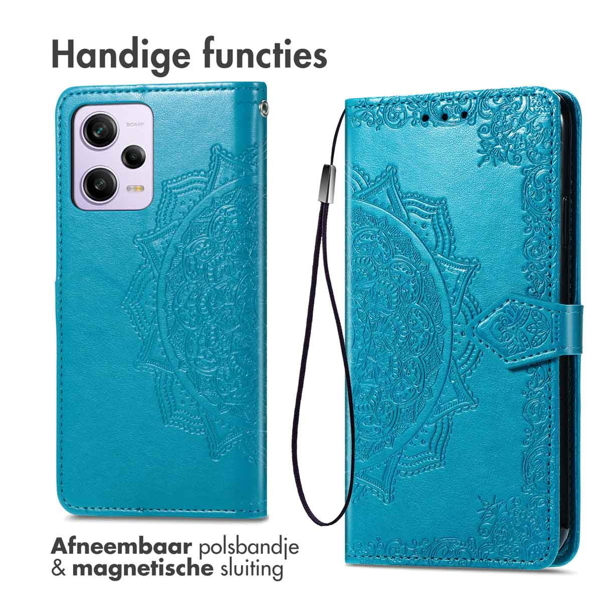 Étui de téléphone bleu ouvert, motif mandala. Avec dragonne amovible.