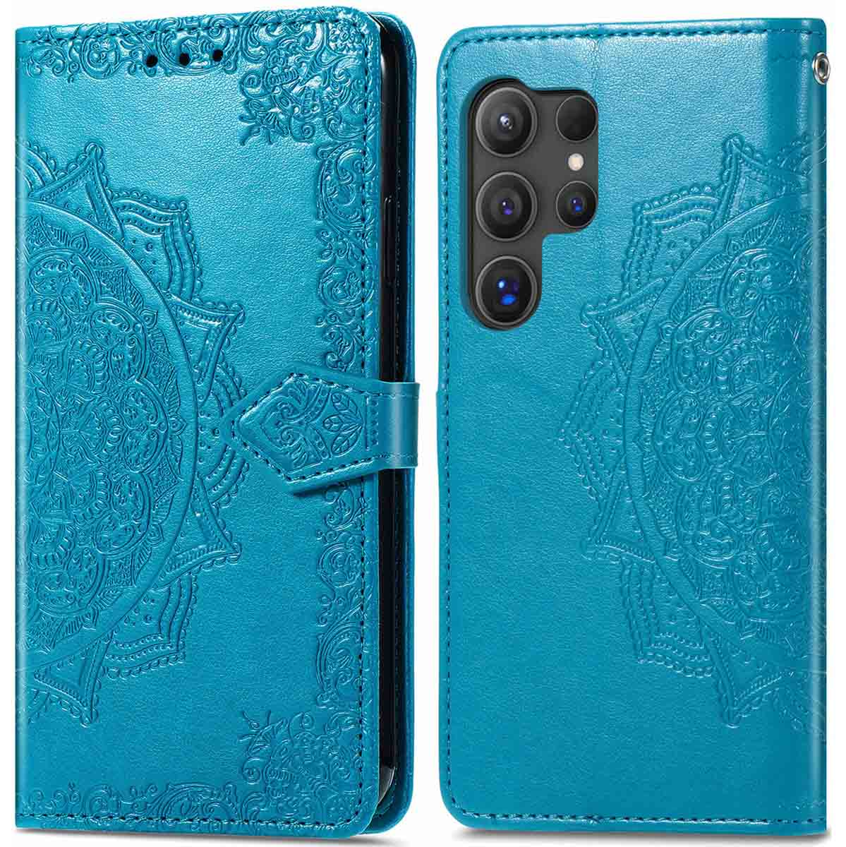 Blauwe telefoonportemonnee met mandala-ontwerp, gesloten en open, toont het scherm.