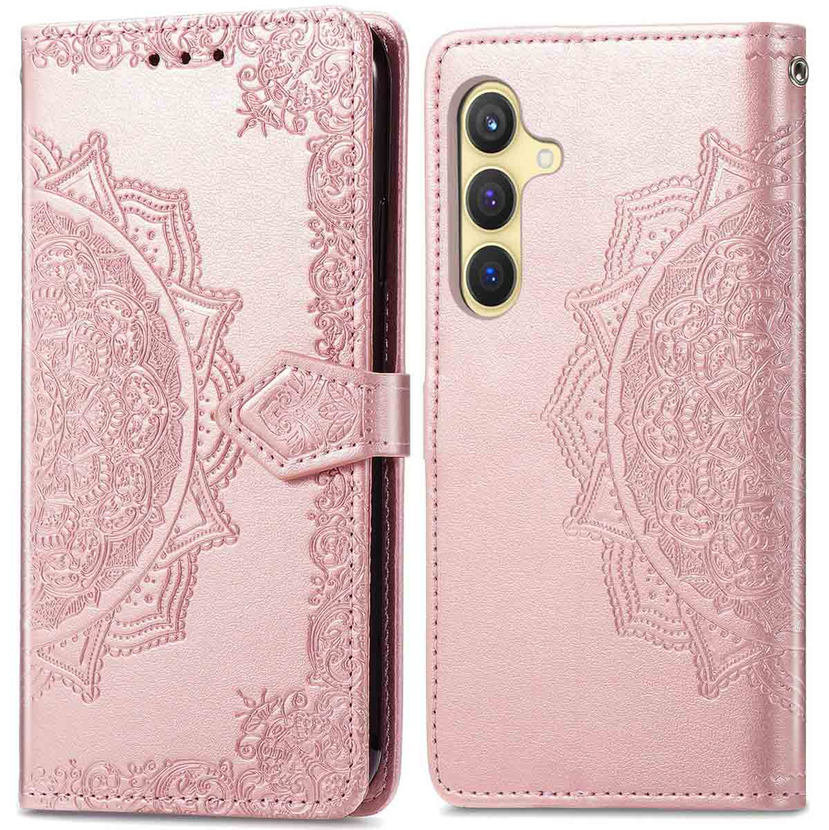 Roze telefoonhoesje, met een decoratief reliëfpatroon.