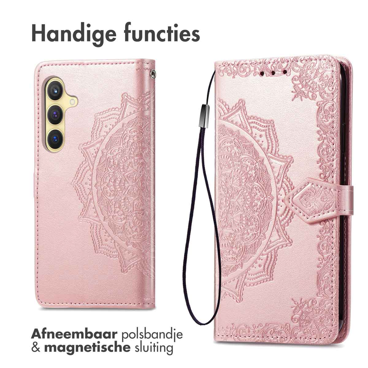 Roze telefoonhoes, open, met mandala-ontwerp. Tekst: 'Handige functies' en 'Afneembare polsband'.