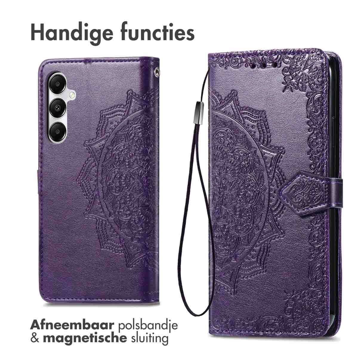 Custodia viola, aperta, mostra telefono e design mandala.