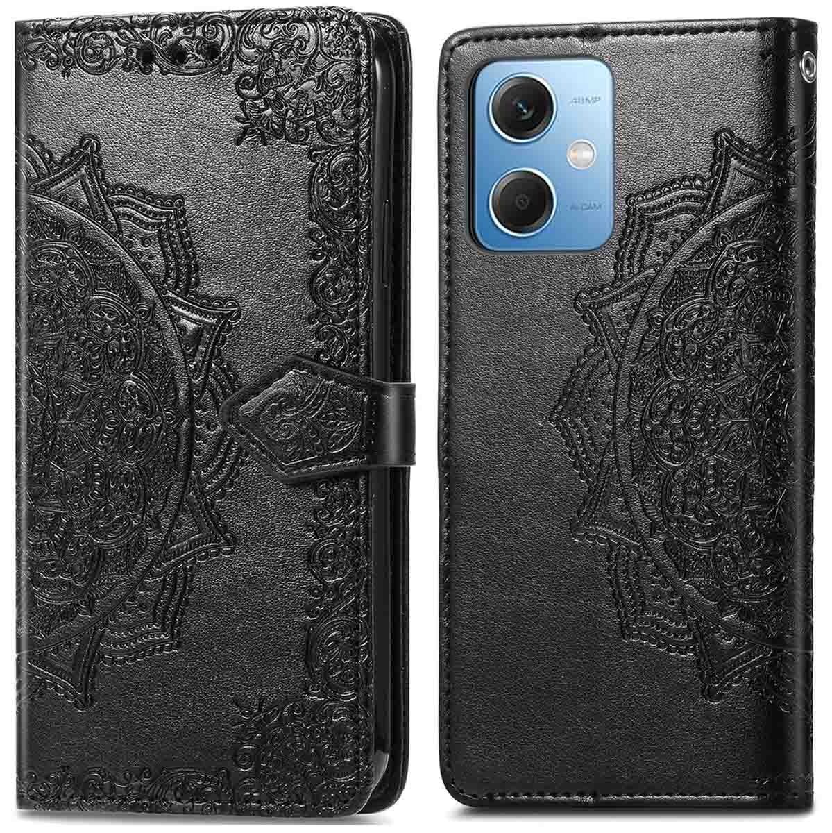 Étui de téléphone noir avec motif détaillé. Vue ouverte et fermée. Design mandala.
