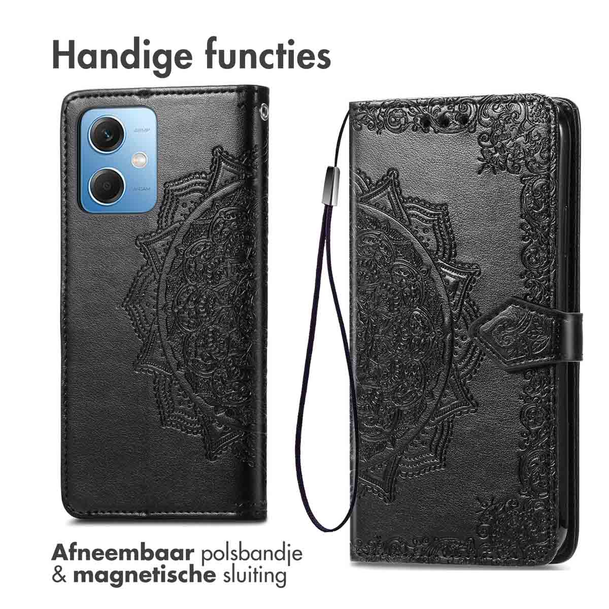 Étui portefeuille noir avec motif mandala, fermé et ouvert, avec sangle et téléphone.
