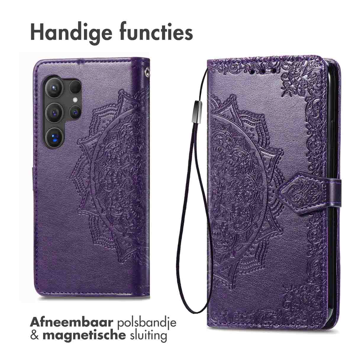 Paarse telefoonhoes open. Reliëf bloemenontwerp. Afneembare polsband & magnetische sluiting.