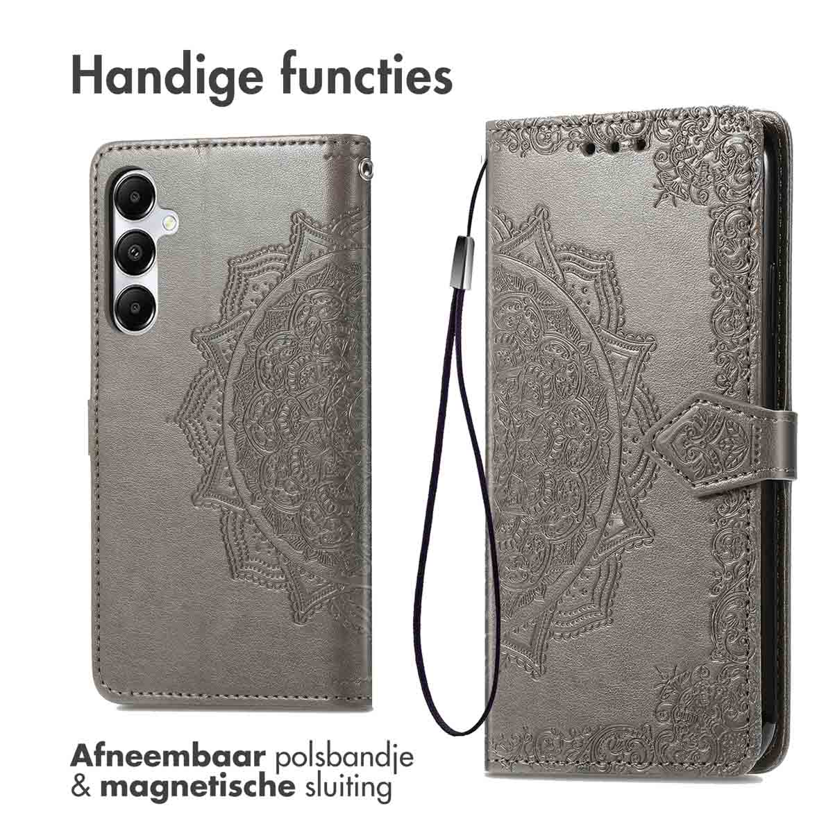 Custodia grigia per telefono con design mandala, aperta e chiusa, con cinturino da polso staccabile.